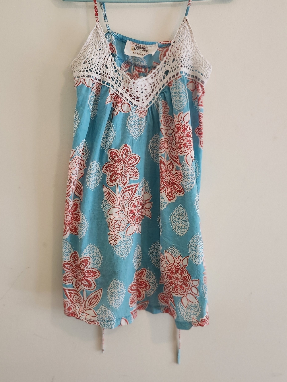 Boho Floral Crochet-Trim Mini Dress in Turquoise and Coral